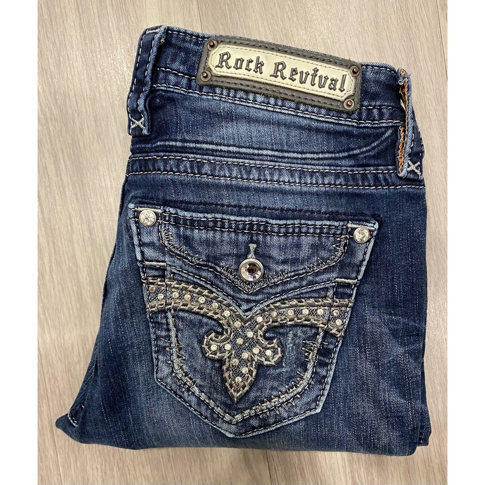 Rock Revival Womens Blue Embroidered Medium Wash‎ Denim Skinny Jeans Size 29